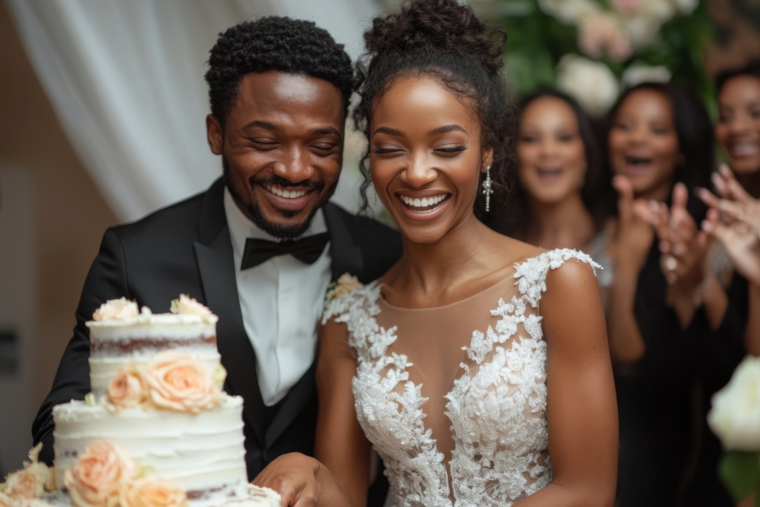 A bride and groom cutting cake