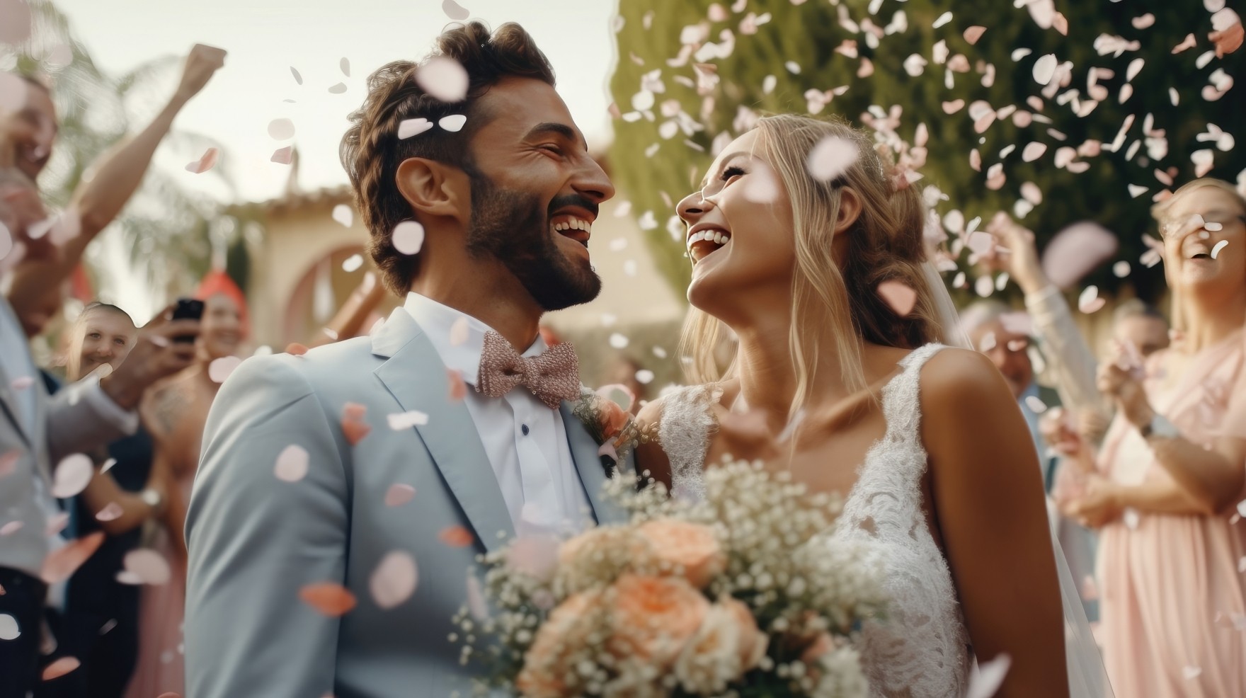 A bride and groom on their wedding day.