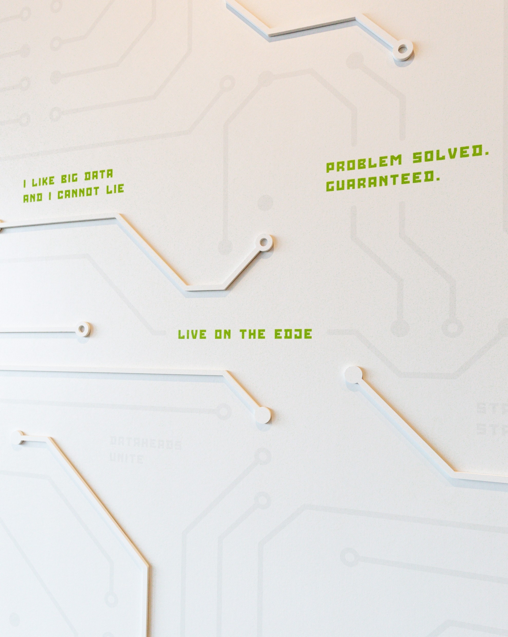 Cream colored wall with "I like big data and I cannot lie", "Problem Solved. Guaranteed.", and "Live on the EDJE" written in green text