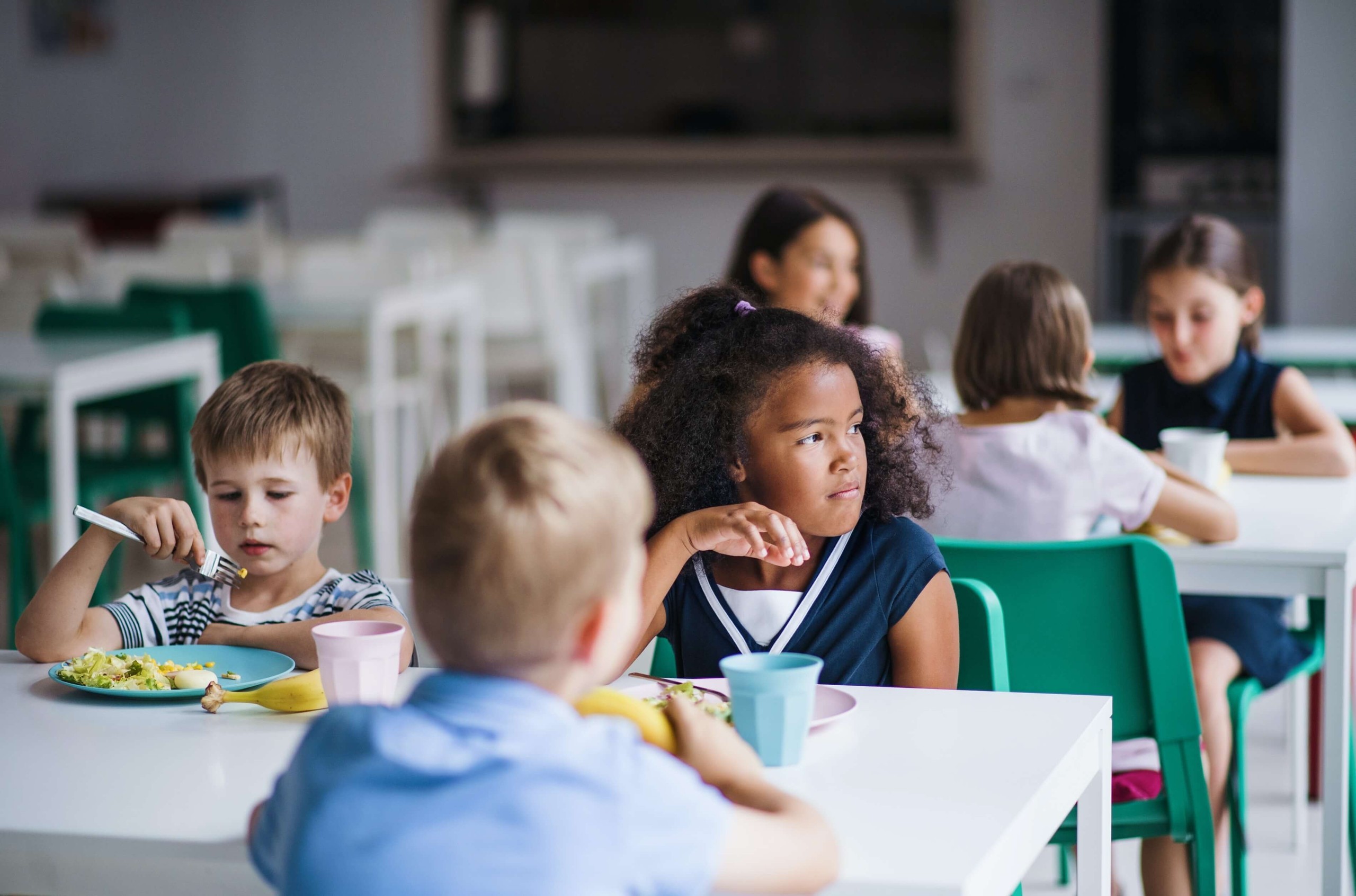 children eating while sitting in chairs in a cafeteria